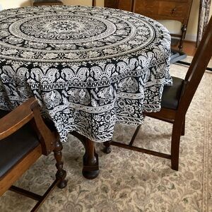 Black & Cream Round 73” Medallion with Elephants Tablecloth, Tapestry, or Floor